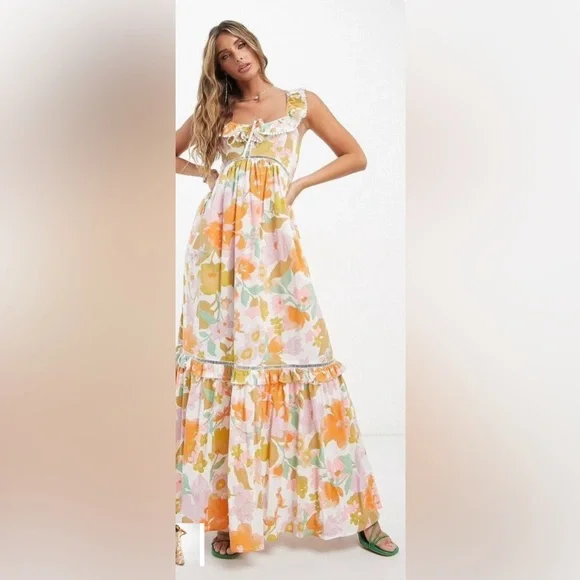 ASOS DESIGN curve ruffle maxi sundress featuring a retro floral print - size 16 - Picture 1 of 15